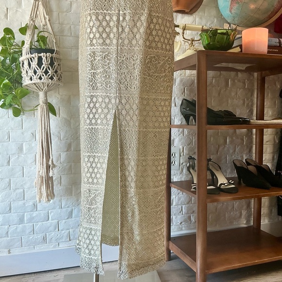 Vintage 90s Y2K Michelangelo Rhinestone Spaghetti Strap Gold Crochet Sequin Gown - Picture 12 of 14